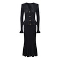 thumbnail image 3 of ZJYT Elegante vestido de suéter de punto de una pieza con volantes y cuello en V para mujer Otoño 2024 Vestido de fiesta de noche con mangas acampanadas y trompeta, 3 of 5