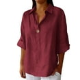 thumbnail image 3 of Pxxlle Casual 3/4 Length Sleeve Shirts for Women Plus Size Cotton Linen Shirt Loose Fit Button Up Lapel T Shirt Wine L, 3 of 6