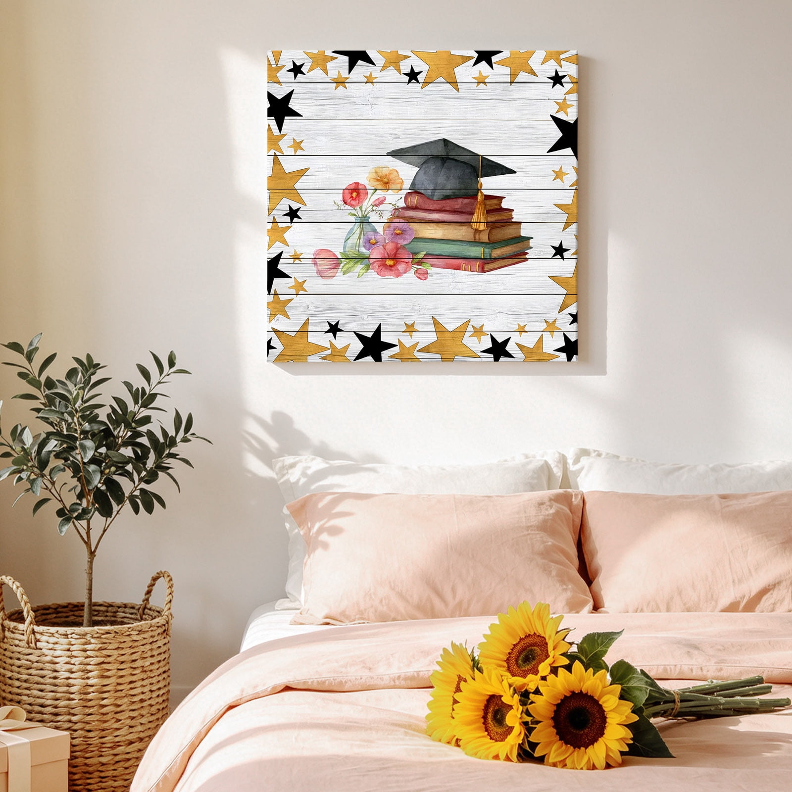 Graduation Cap Canvas Wall Art for Living Room, Watercolor Red Flower Gold Star Vintage Book Wood Striped Poster Print Painting for Bedroom Office Home Decor Wall Pictures Prepare To Hang 16"x16"