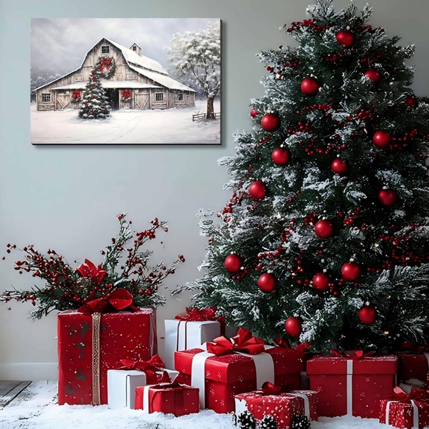 Framed Christmas Wall Art, Farmhouse Barn Pictures Wall Decor Winter snow Scene Canvas Painting Print Home Artwork Decorations for Bathroom Living Room Bedroom