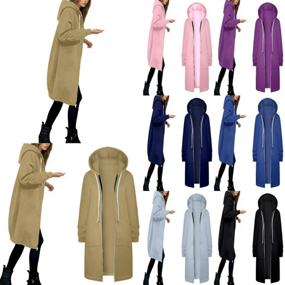 BUWTTED Womens Hoodies 2025 Zip Up Sweatshirts Oversized Fashion Long Hooded Fall Winter Fleece Jackets with Pockets Beige L