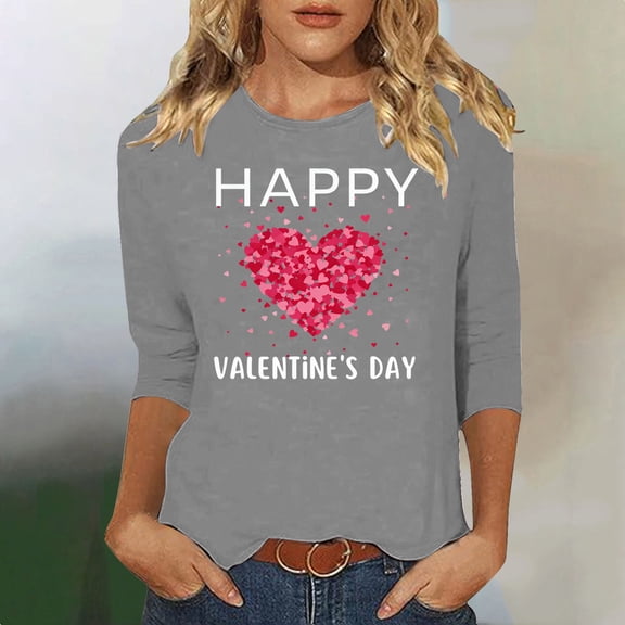 Guzom Womens Gray Valentine's Day Casual Tee, Crew Neck Three-Quarter Sleeves Stretchy Top with Heart Print,Size 3XL