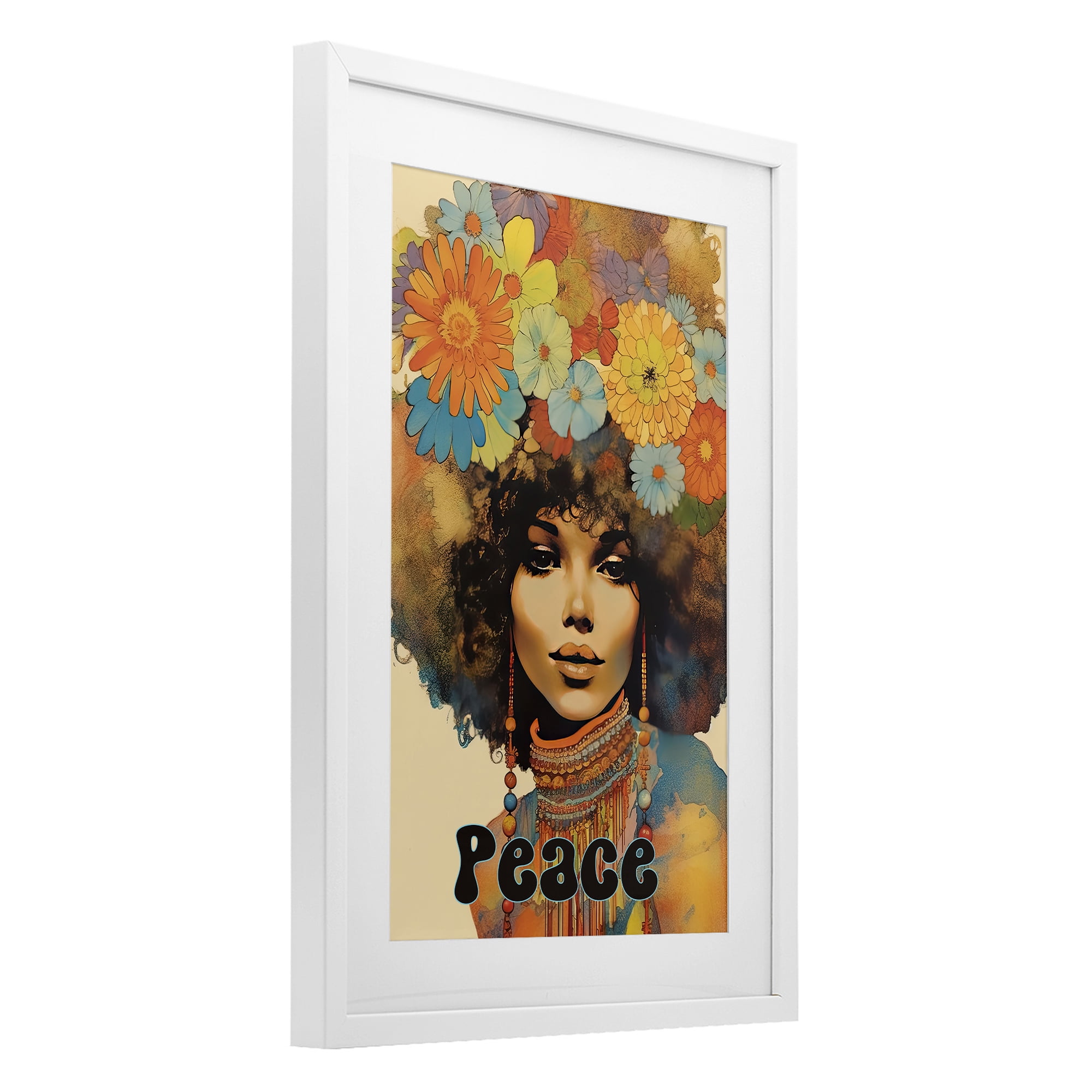 Peace Groovy Afro Girl White Framed Print Under Glass, design by Sasha