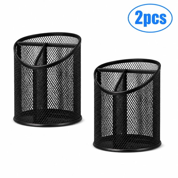 2 Pack Mesh Pen Holder, 3‑Compartment Round Black Metal Pencil Cup, Desk Organizer for Office Home Supplies