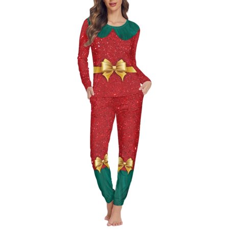 

Pzuqiu Breathable Nightwear for Women Pajama Set of 2 Pieces Long PJ Pant with ELF Red Sequin Graphic Elastic Skin Friendly Lounge Wear Fashion Ladies Sleep Soft Clothing Size L