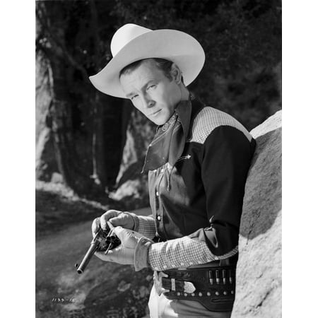 Roy Rogers posed in Cowboy Outfit and Gun in Black and White Photo ...