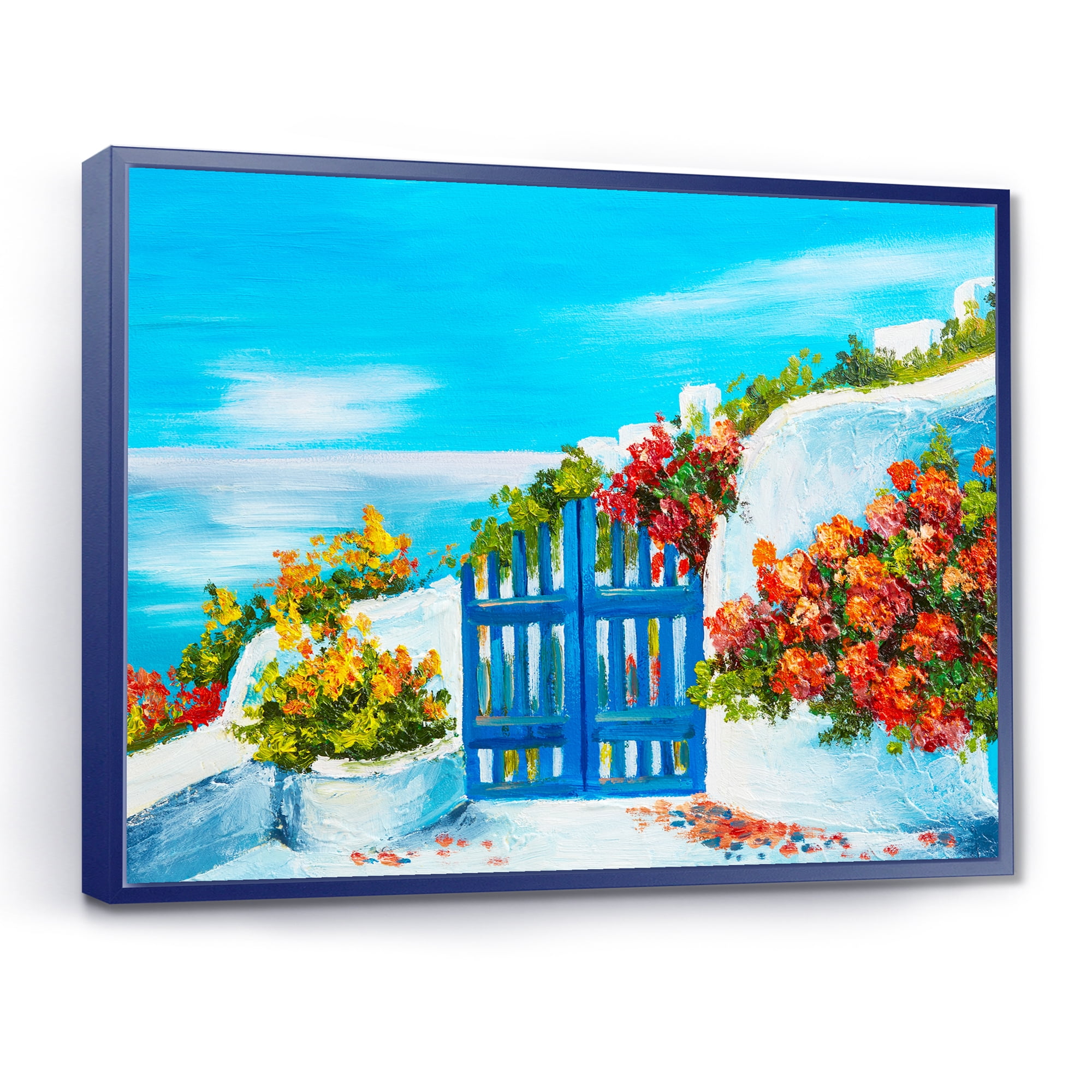 Designart 'House With Colorful Flowers Near The Sea III' Nautical & Coastal Framed Canvas Wall Art Print