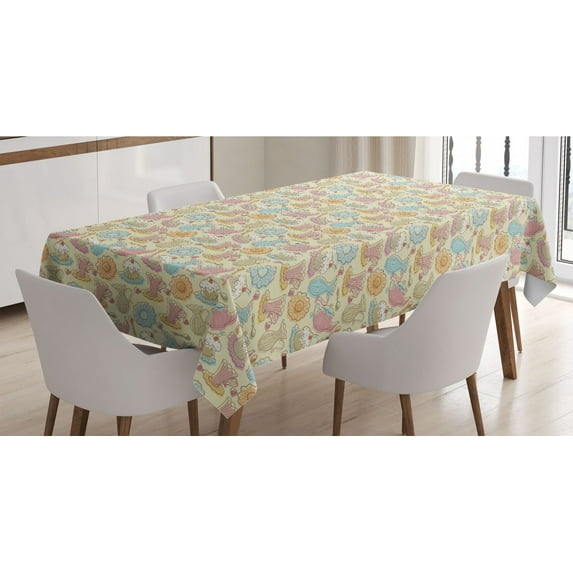 Tea Party Tablecloth, Old Fashioned Hand Drawing Style Creamy Cupcakes Mugs Coffee Drinks Hearts, Rectangle Satin Table Cover Accent for Dining Room and Kitchen, 60" X 90", Multicolor, by Ambesonne