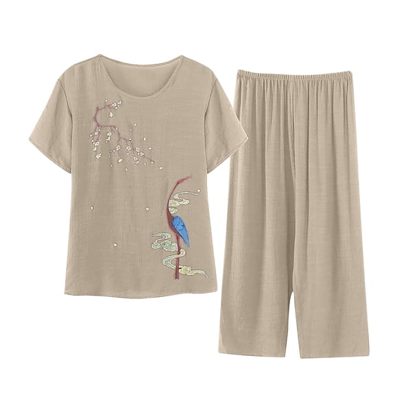 MEICHEN Pajamas for Women Set Ladies Short Sleeves Printed Blouse Seventh Pants Two Piece Suit Summer Essentials Fashion Sleepwear
