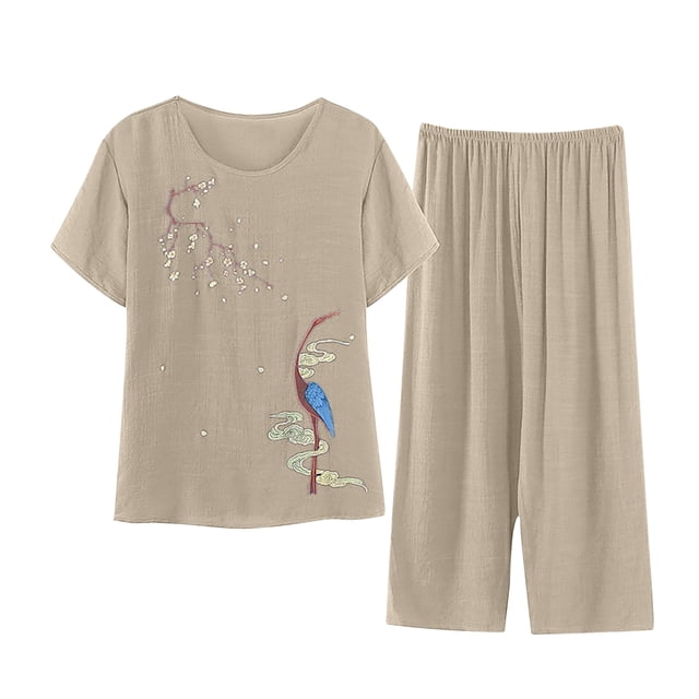Gibobby conjuntos de pijama de calidad Blusa estampada de manga corta de lino y algodón para mujer, traje de dos piezas con pantalones Seventh (Beige, XL)