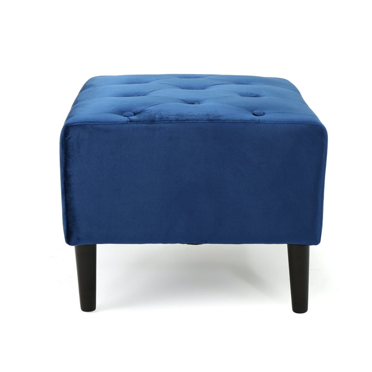 Noble House Kimberlt Tufted Velvet Ottoman Navy Blue Legs