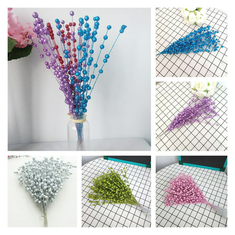 Walbest Simulation Berry Beaded Stick Bouquet Realistic Plastic Floral  String Imitation Pearl Flower Bouquet Sticks for Home Xmas Party Decoration