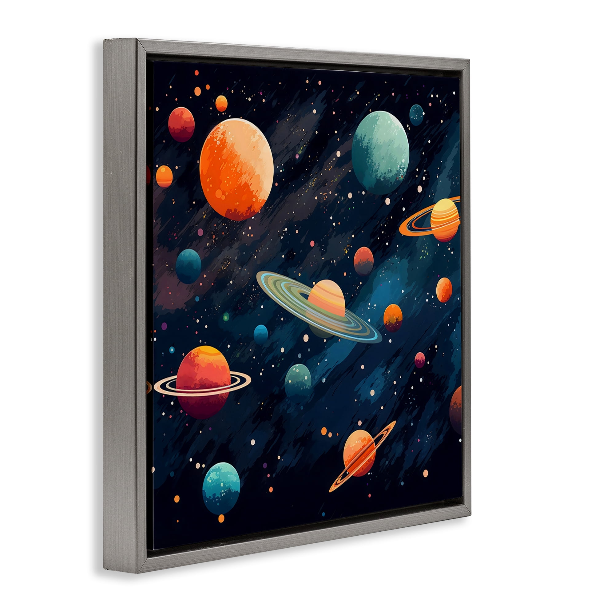 Stupell Industries Orange & Blue Planets in Orbit Gray Framed Floater Canvas Wall Art, design by Creative Studio