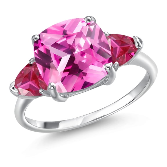 Gem Stone King 10K White Gold Pink Created Sapphire and Red Created Ruby Engagement Ring for Women | 5.66 Cttw | Cushion 10MM | Gemstone September Birthstone | Size 6