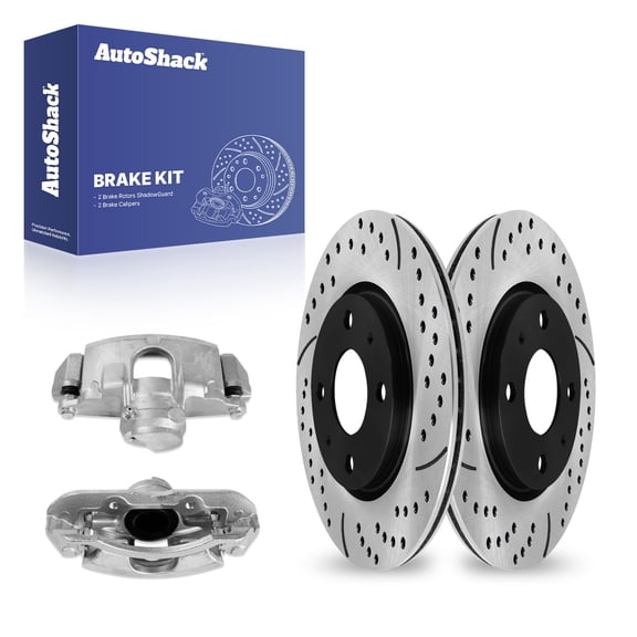 AutoShack Front Drilled & Slotted Brake Rotors Calipers | Replacement for 2008-2011 Ford Focus 2.0L FWD | E-Coated | 4-PC Brake Kit | ShadowGuard