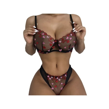 

wsevypo Valentine s Day Women Lingerie Suit Love Embroidery Adjustable Sling Bra + Soft Panty Set