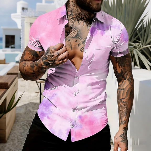 Fnnxeal Mens Tie Dye Short Sleeve Button Up Shirt, Pink Purple White Hawaiian Style Casual Vacation Beach Shirt, Stretch Slim Fit,Size L
