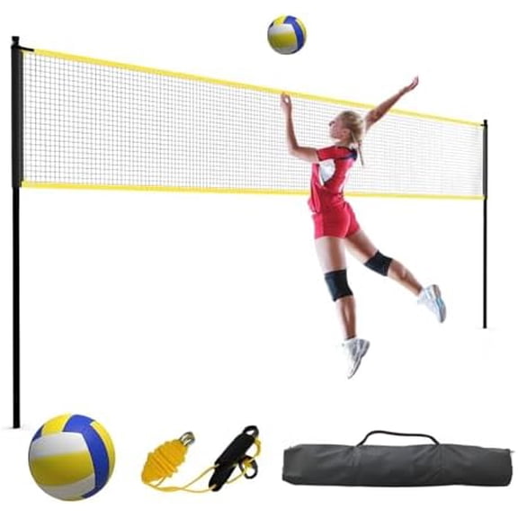 32 Ft Volleyball Net Outdoor Set, Freestanding Volleyball Net with Height Adjustable Design & Carry Bag, Volleyball, Pump – Portable Training Equipment for Backyard, Beach & Park