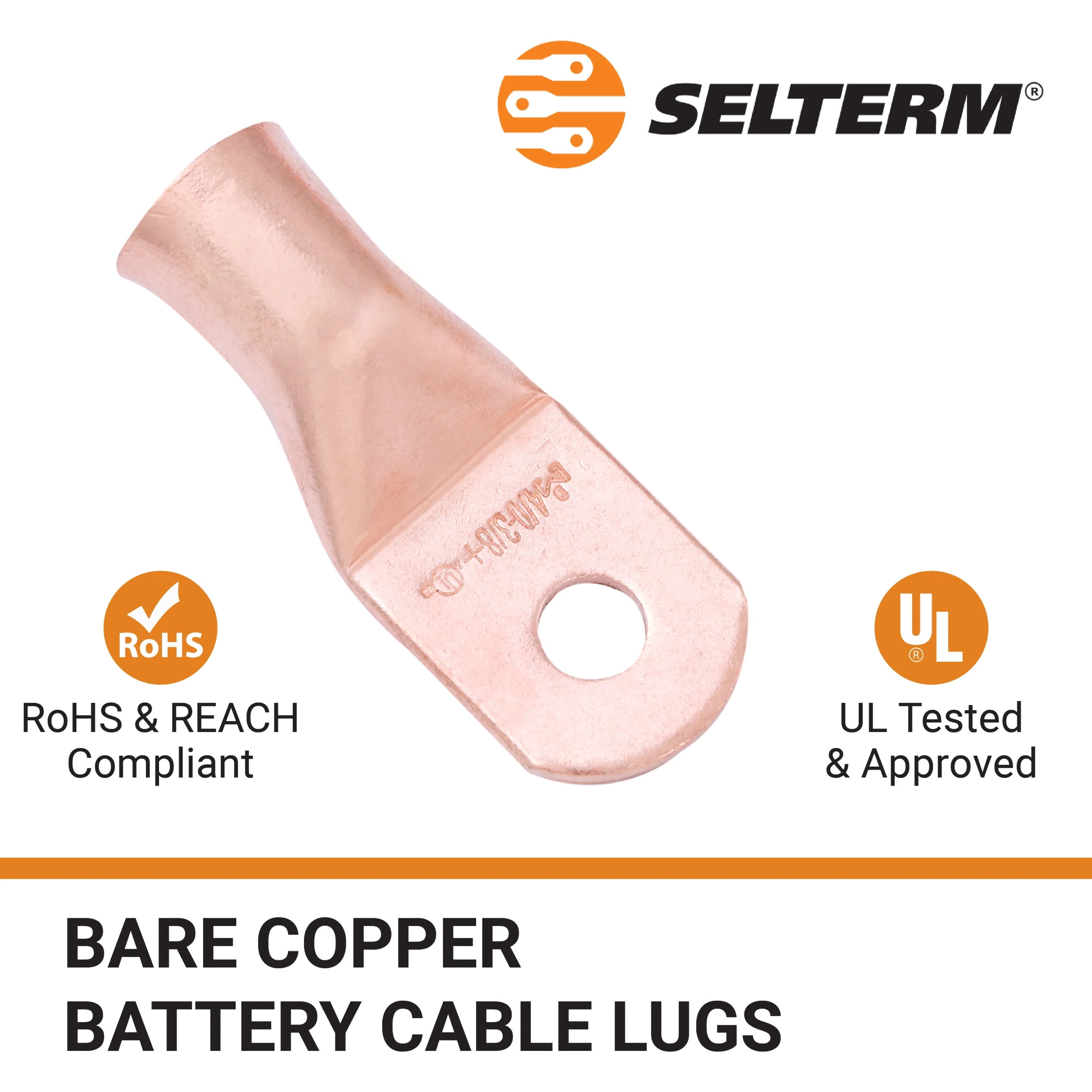 SELTERM 4/0 AWG XL 3/8" Ring Battery Cable End Terminal Lugs Bare Copper 10ea