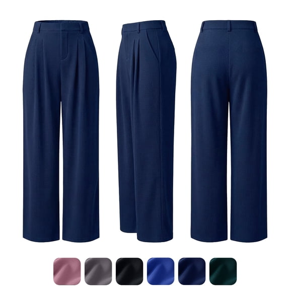 Lux Decor Women's Wide Leg Pants, High Waisted Waffle Knit Business Casual Work Pants Trousers with Pockets, 28" Inseam, Large - Dark Blue