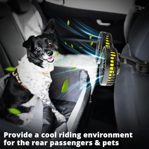 Car Fan for Backseat, Dual Head USB Car Seat Fan, 3 Speeds Strong Wind 360° Rotatable Vehicle Rear Headrest Fan for Car, Air Circulation Car Fans with Adjustable Clip for All Car Models Black+Green