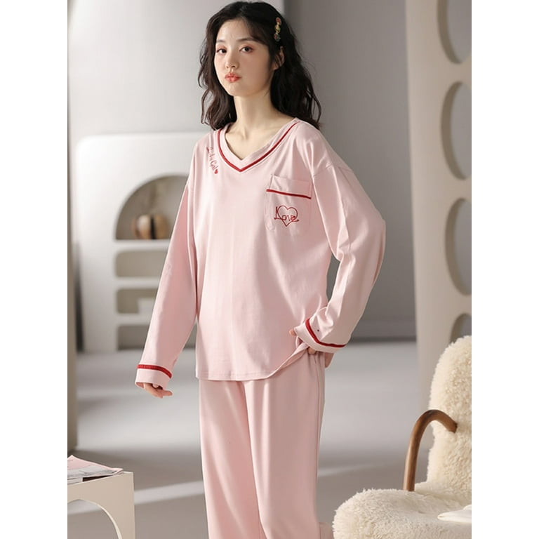 DanceeMangoo Womens Pajama Sets Autumn Winter Women Pajamas Set Simple  Sleepwear Long Sleeve Cotton Pajamas Lady Top Pant Leisure Outwear