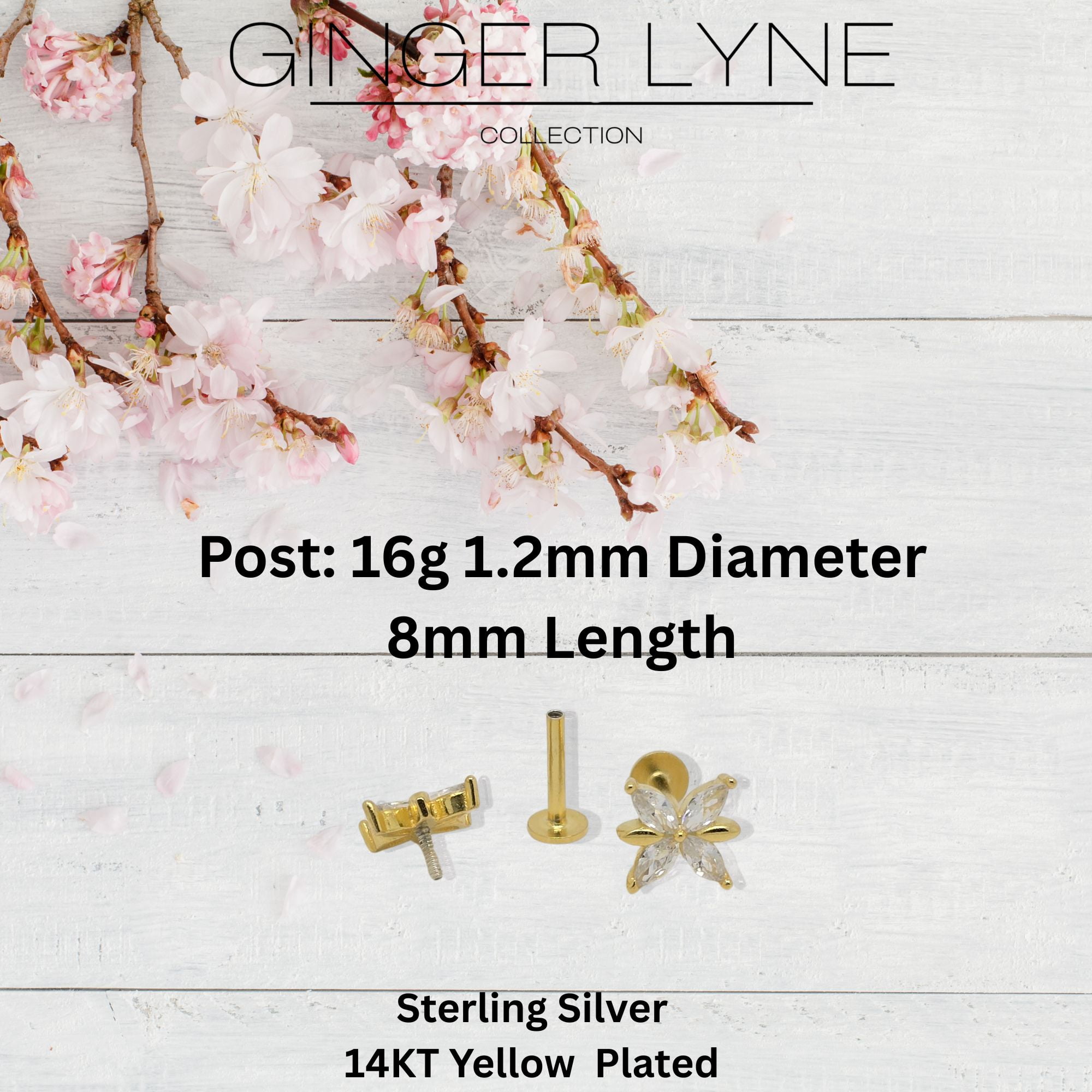Butterfly CZ Flat Back Earrings for Cartilage Helix Tragus Lobe 16g Gold Plated Sterling Silver 1 pair by Ginger Lyne