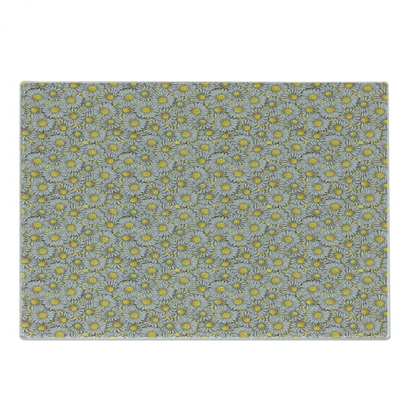 Daisy Cutting Board, Cluster of Chamomile Flowers Image as Overlapped Petals Gardening Theme, Decorative Tempered Glass Cutting and Serving Board, Small Size, Yellow and Pale Grey, by Ambesonne