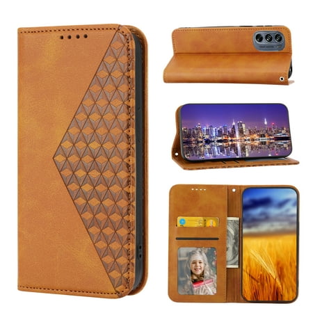 For Motorola Moto E32 4G Global Cubic Grid Calf Texture Magnetic Closure Leather Phone Case
