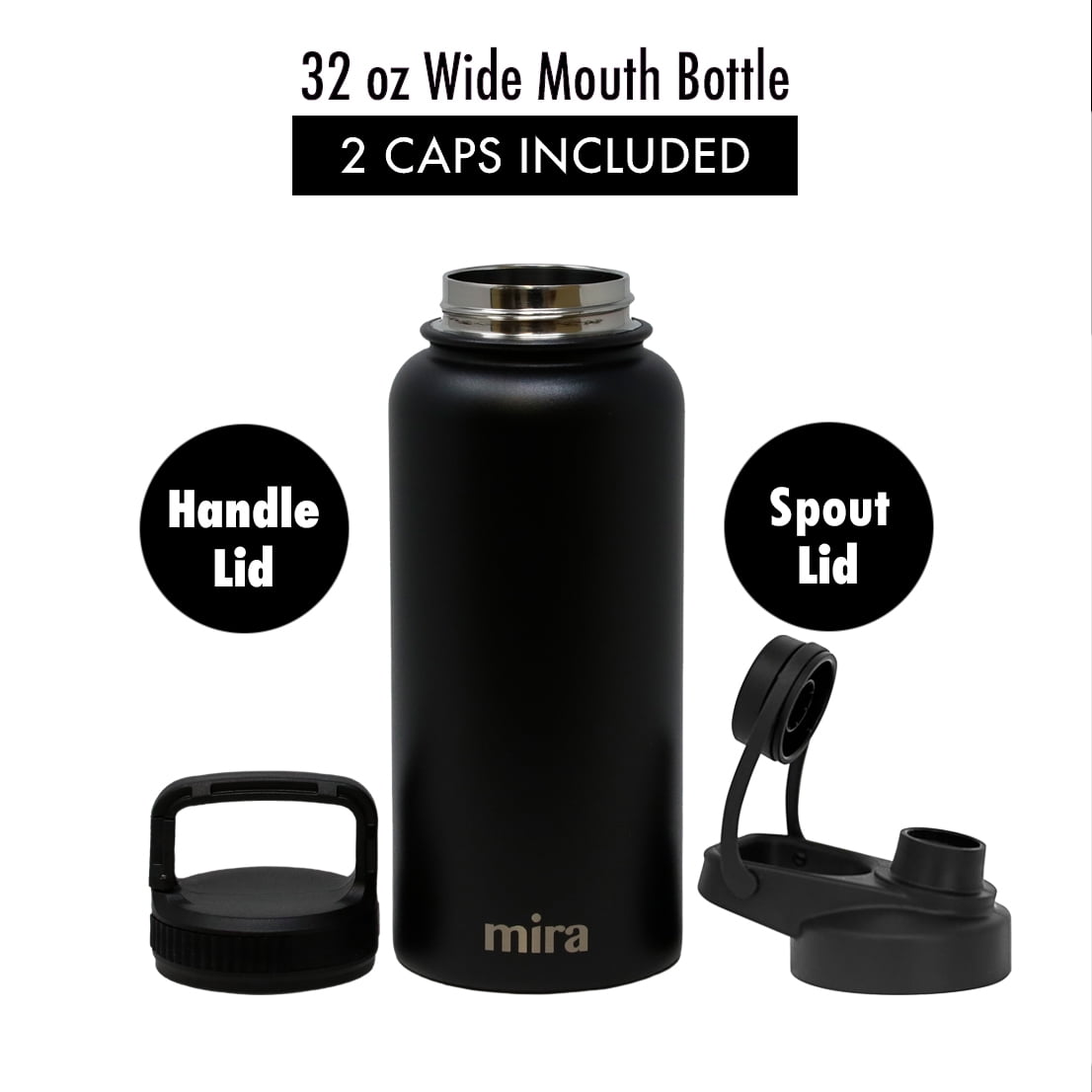 MIRA Stainless Steel Insulated Sports Water Bottle - 2 Caps - Hydro Metal Thermos Flask Keeps Cold for 24 Hours, Hot for 12 Hours - BPA-Free Spout Lid Cap, 32 oz, Black