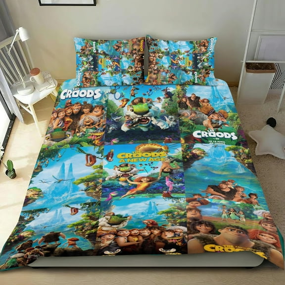 3 Piece Comforter Cover Set For The Croods Bedding Set Cute Duvet Cover Sets Super Soft Teens Bedding Set Kids Bedroom Gifts,1 Duvet Cover with 2 Pillowcases Twin