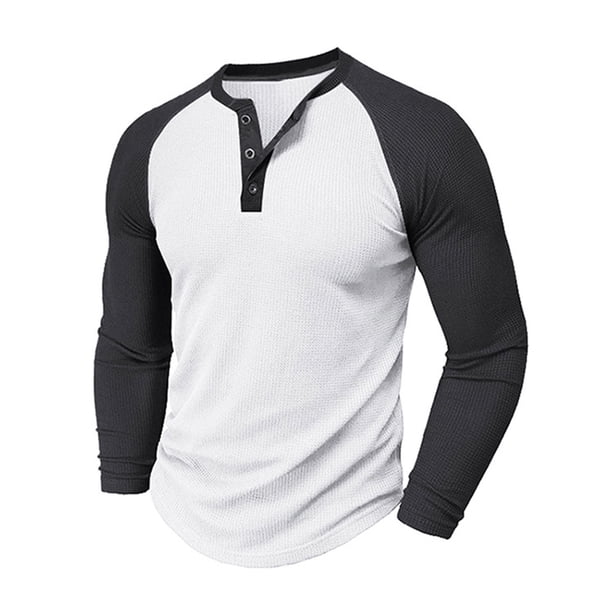 Blusas y camisas de manga larga y cuello redondo para hombre, blusas casuales de color liso con botones y cuello redondo, blusas de poliéster para hombre