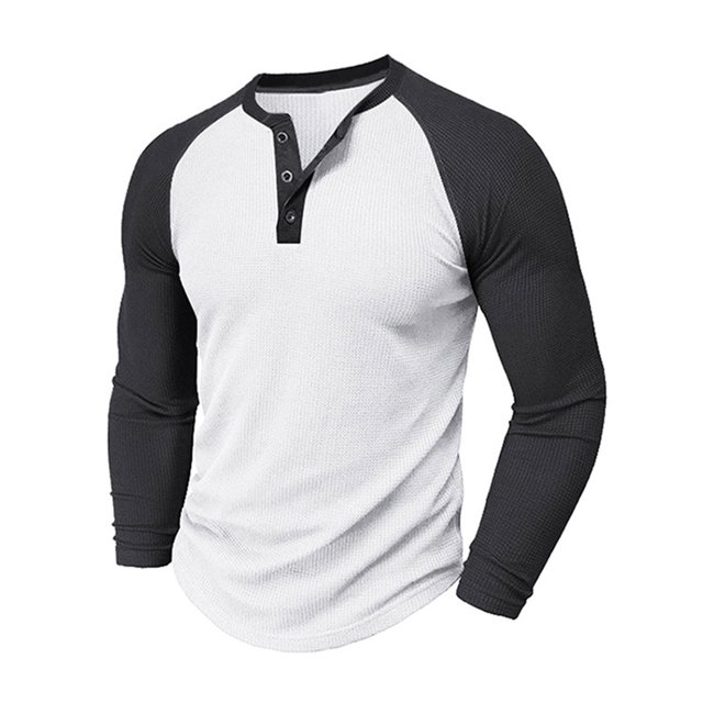 Blusas y camisas de manga larga y cuello redondo para hombre, blusas casuales de color liso con botones y cuello redondo, blusas de poliéster para hombre