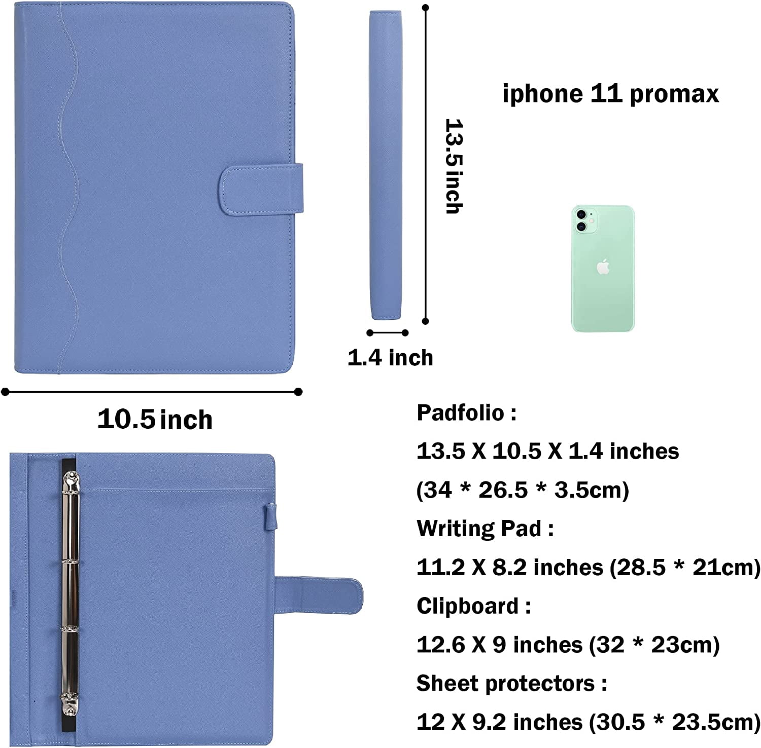 Wonderpool A4 PU Leather Ring Holder Writing Portfolio Multi Document Case with Removable Binder Clipboard and Functional Pocket for Organizer Office Travel School (Blue)