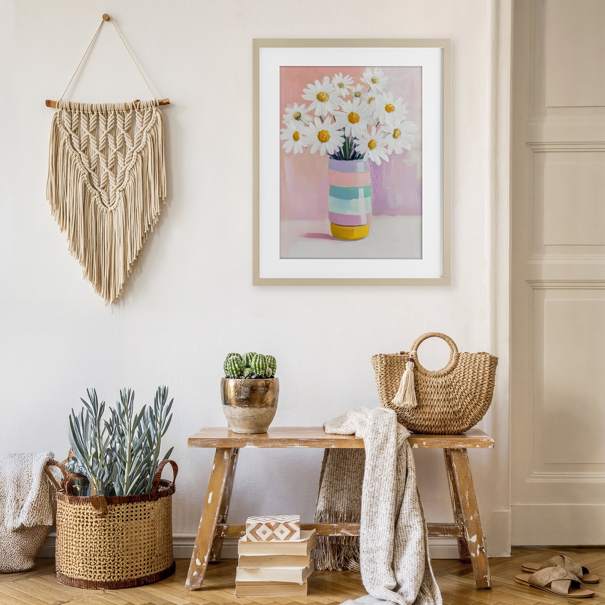 Stupell Industries Daisies in Striped Vase Birch Framed Print Under Glass, design by The Prints Vibe
