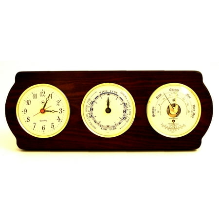 Quartz Clock, Tide Clock and Barometer with Thermometer on Ash Wood with Brass Bezel. Wall Mounts Vertically or Horizontally.