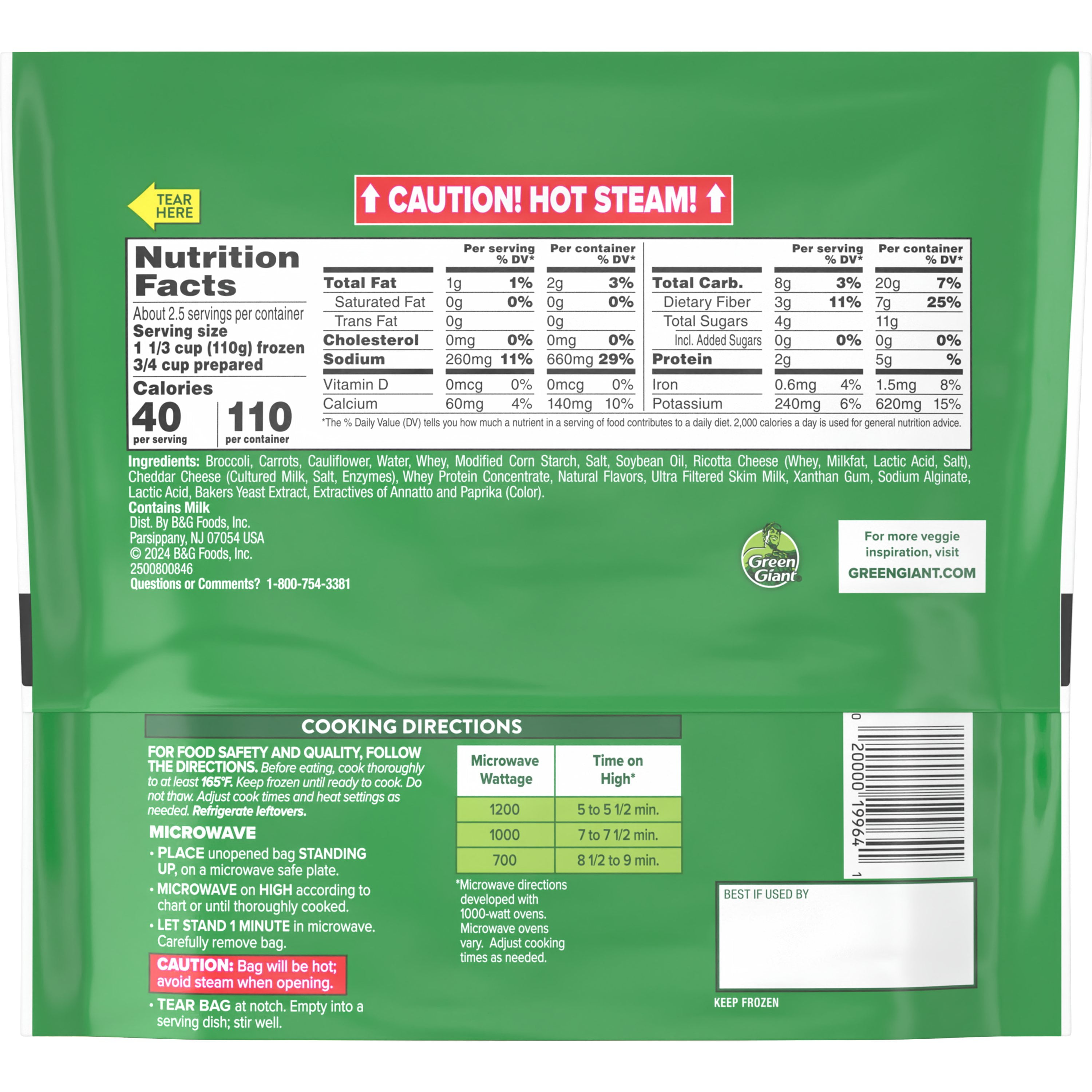 Green Giant Simply Steam Broccoli, Carrots, Cauliflower & Cheese Sauce, 10 oz Bag (Frozen Vegetables)