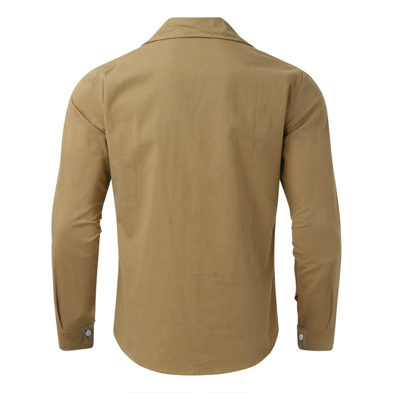 Shpwfbe Long Sleeve Shirts for Men Shirts for Men Male Casual Autumn Solid  Cotton Pocket Shirt Turn Down Collar Button Shirt Blouse Long Sleeve Khaki  M, Mens Gifts, Men's T-Shirts, Gifts for