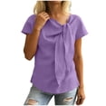 thumbnail image 3 of FchengtaiS Women's Short Sleeve Business Casual Shirts Elegant Knot Neckline Tops Summer Cotton Linen Blouse, 3 of 7