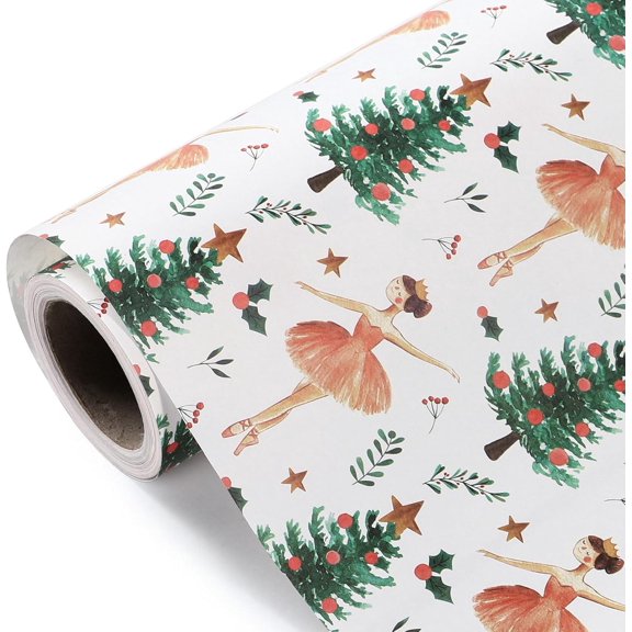 Kraft Christmas Wrapping Paper - Mini Roll - 17 Inch x 33 Feet - Sugar Plum Fairy Wrapping Paper with Christmas Tree Design for Holiday, Party Celebration