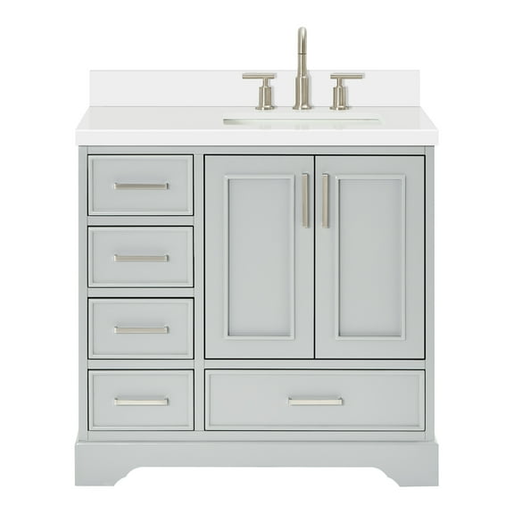 Ariel Stafford 37 Inch Single Right Offset Rectangle Sink Vanity With White Quartz Countertop W/1.5" Edge In Grey
