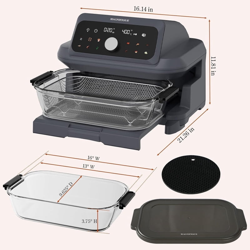 MAGNIFIQUE 6 Quart Large Capacity Casserole Air Fryer, Glass Air Fryer Oven Non Toxic with 12-in-1 Digital Touchscreen