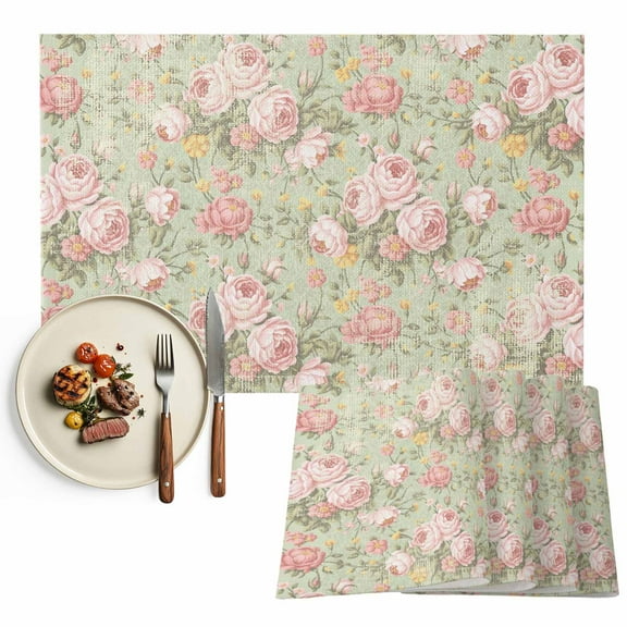 Placemats Set of 6, Pink Camellia Floral Place Mats Leaves Branch Retro Flowers Green Tablemats Washable Placemat Table Decoration for Kitchen Table Dinner Party Home Decor Indoor Outdoor 13x19 Inch