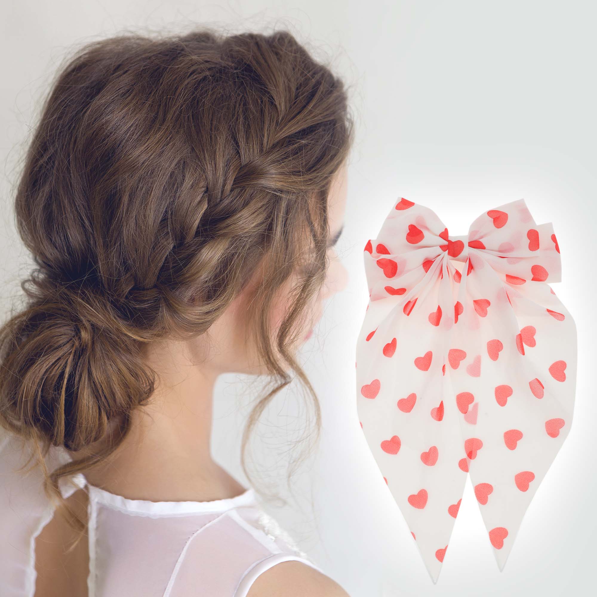 Unique Bargains Cute Heart Shaped Printed Bow Ribbon Spring Hair Clips Dark Red White Pink 3 Pcs
