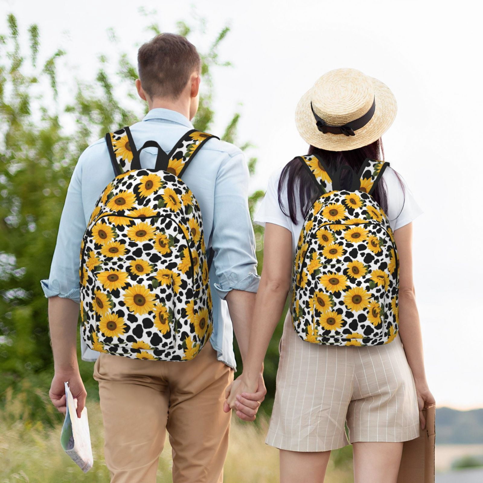 Vsdgher Cow Print Sunflower Print Canvas Backpack Travel Rucksack Unisex Knapsack 15.7/17.7Inch Laptop Backpack for Work,College -Small