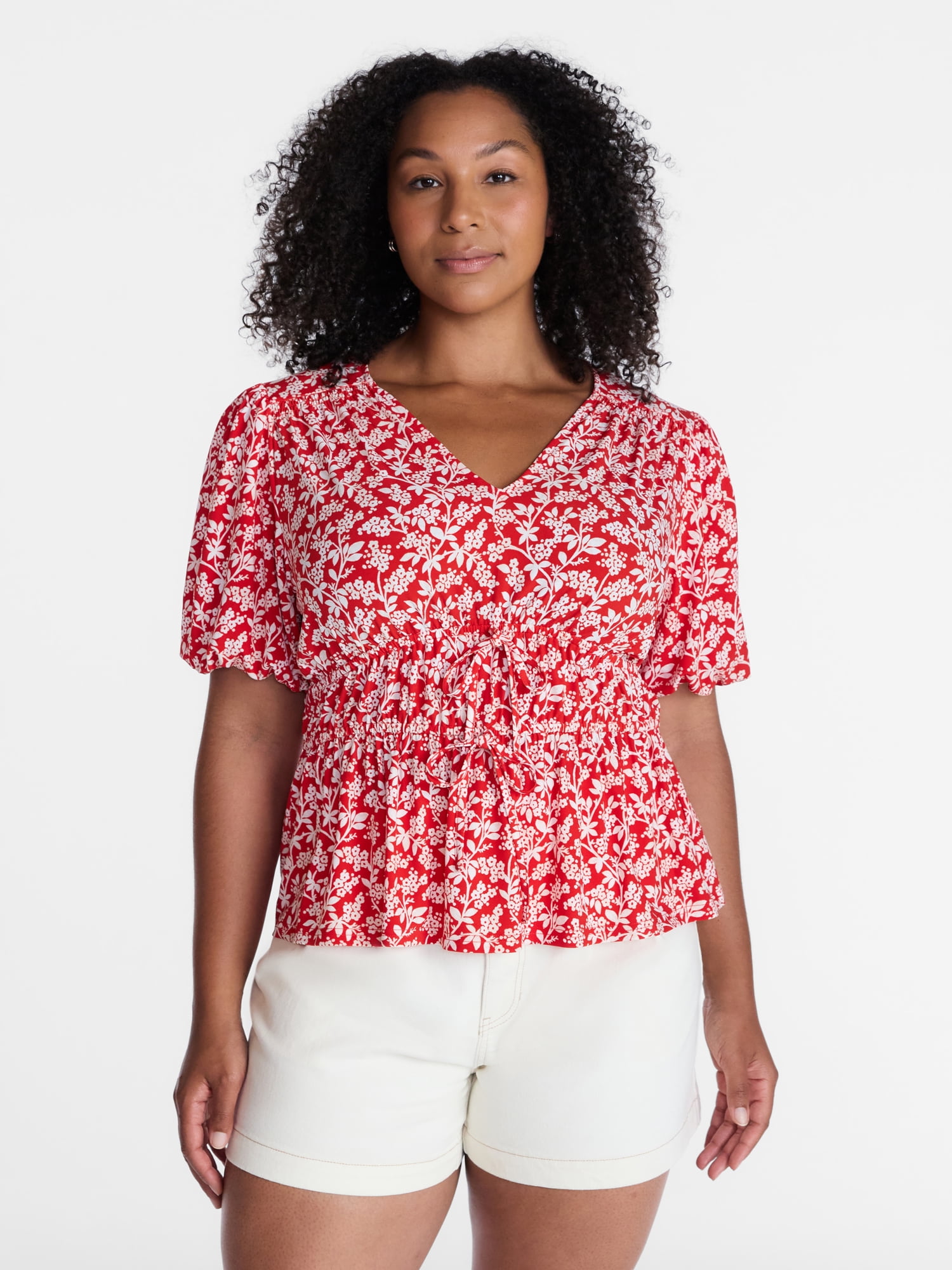 Time and Tru Women's and Women's Plus V-Neck Shirred Peplum Top, Sizes XS-XXXL