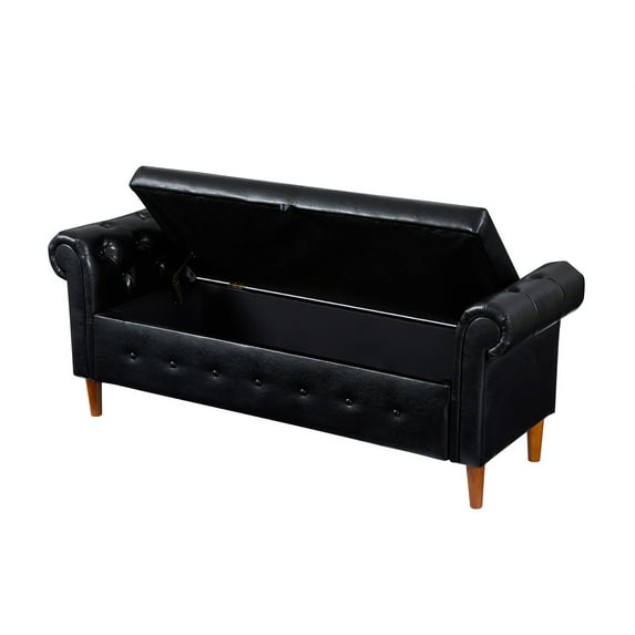 63 inches Storage Bench, PU Leather End of Bed Bench with Rolled Arms and Button Decor, Upholstered Ottoman for Bedroom Living Room and Entryway, Weight Capacity 500 lbs, Black