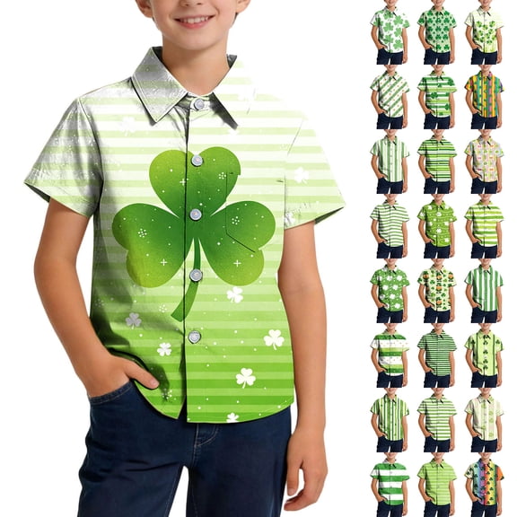 MKOSPLRT St. Patricks Day Button Down Shirts Kids 2-15Y Gradient Holiday Graphic Tee Shirts Short Sleeve Lapel Collar Hawaiian Shirts with Pocket