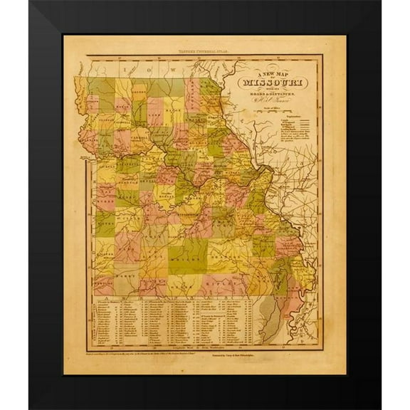 Vintage Maps 12x14 Black Modern Framed Museum Art Print Titled - Missouri 1844