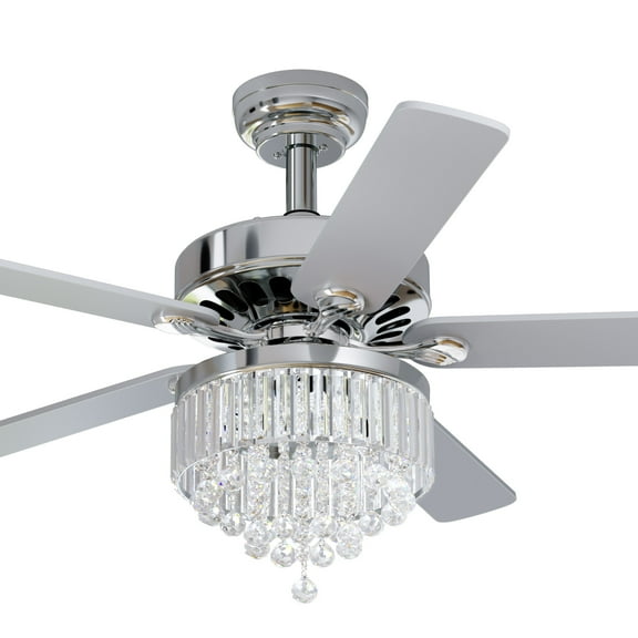 Dextrus 52 Inch Chandelier Ceiling Fan with Light and Remote, Crystal Fan Light, Indoor Outdoor Ceiling Fan - Chrome